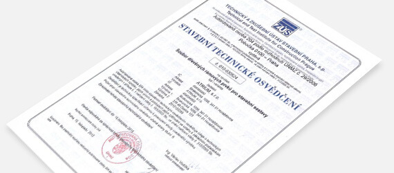 Atest od Technického a skúšobného ústavu stavebného Praha